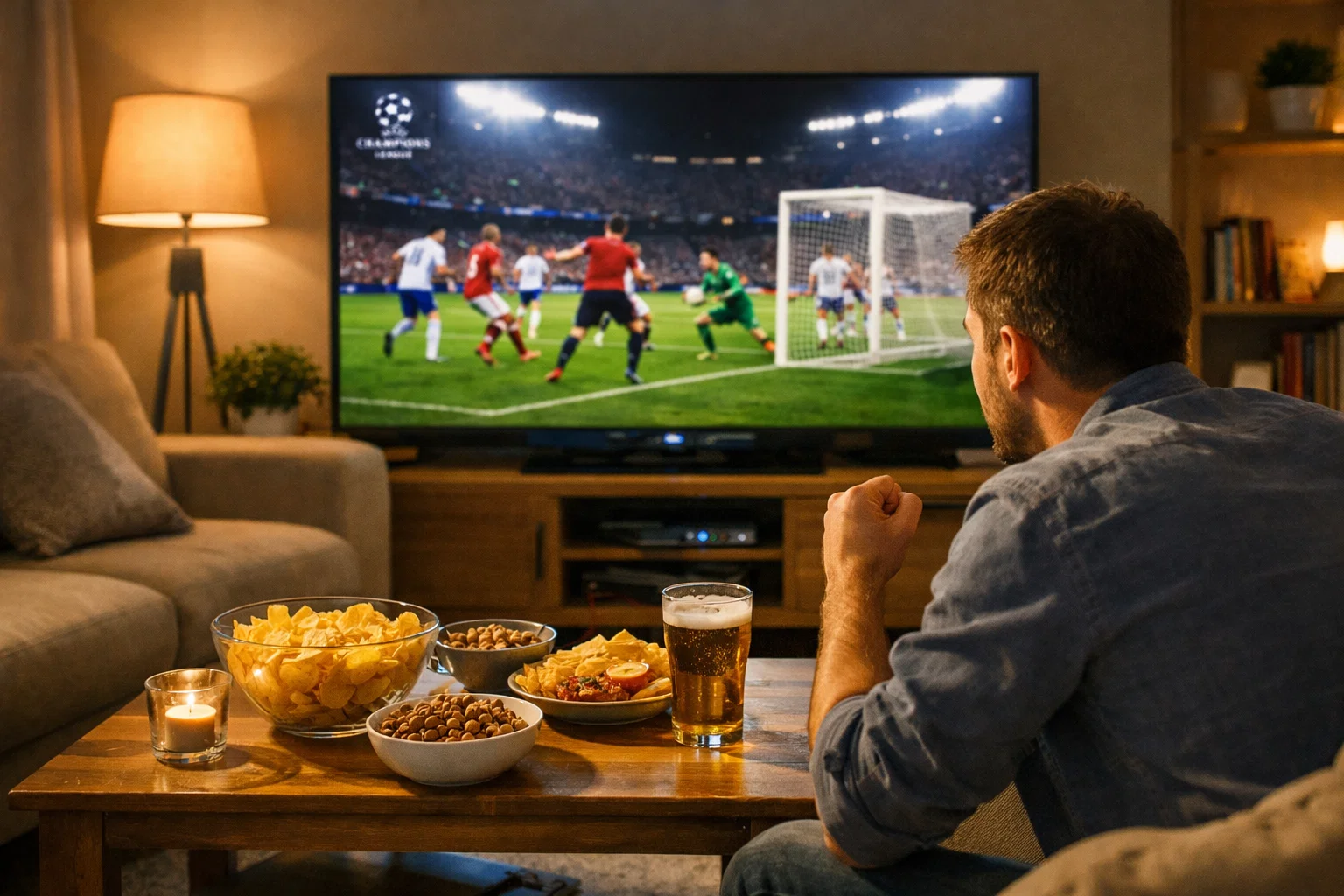 Aficionado viendo un partido de Champions League en televisión mientras consulta cuotas en su móvil