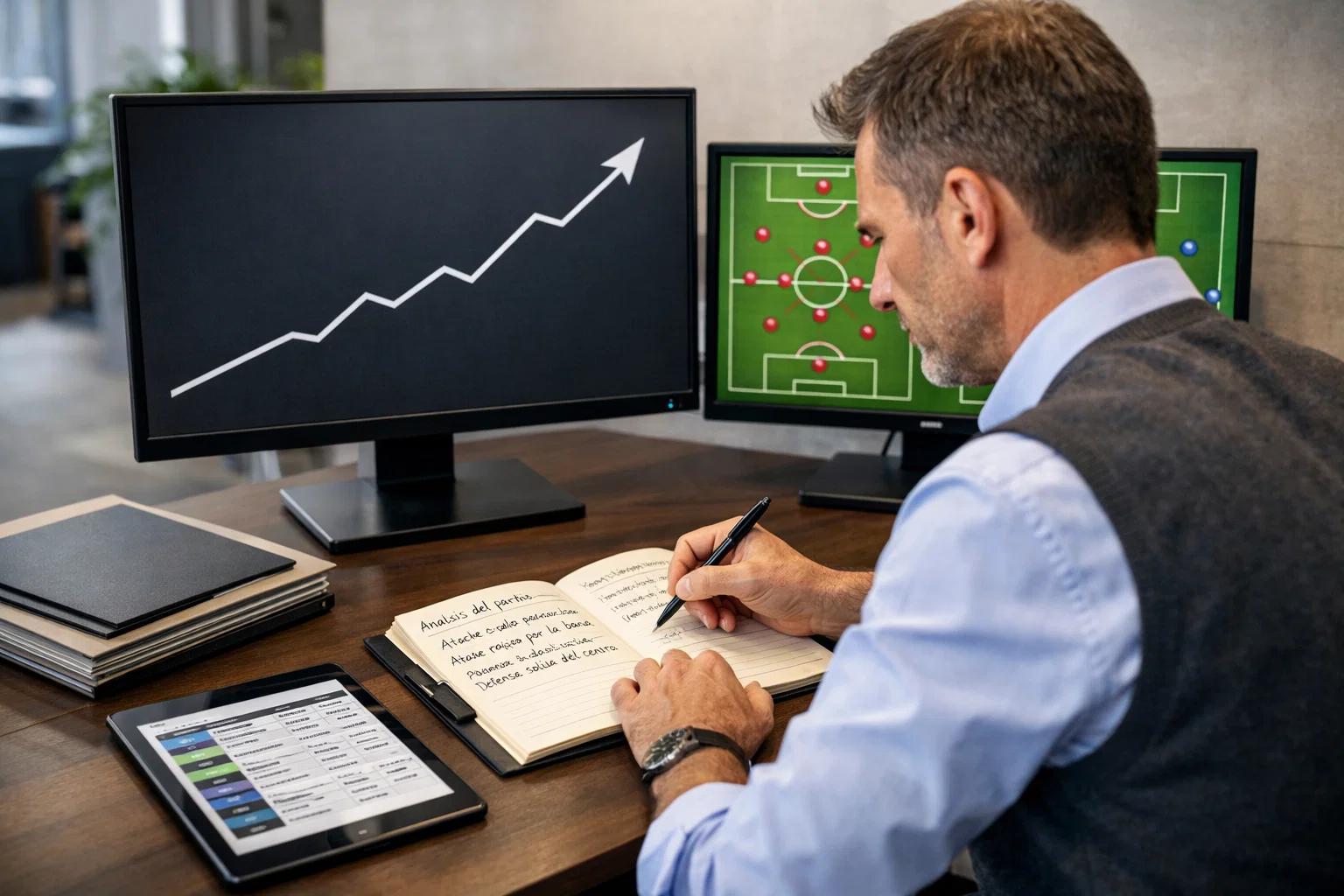 Analista deportivo revisando datos de equipos de fútbol con notas y gráficos de tendencias