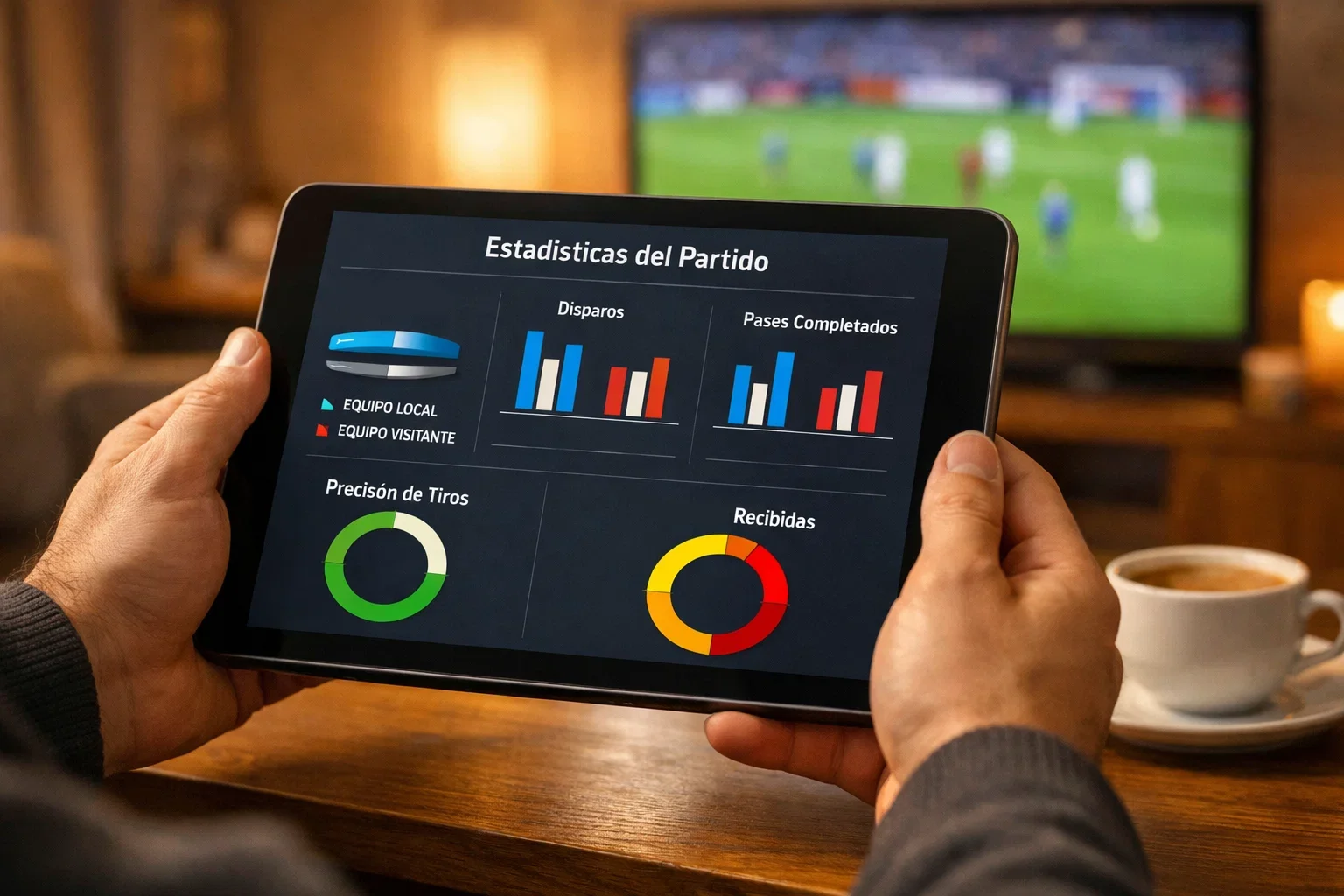 Persona analizando estadísticas de partidos de fútbol en una pantalla con gráficos de rendimiento