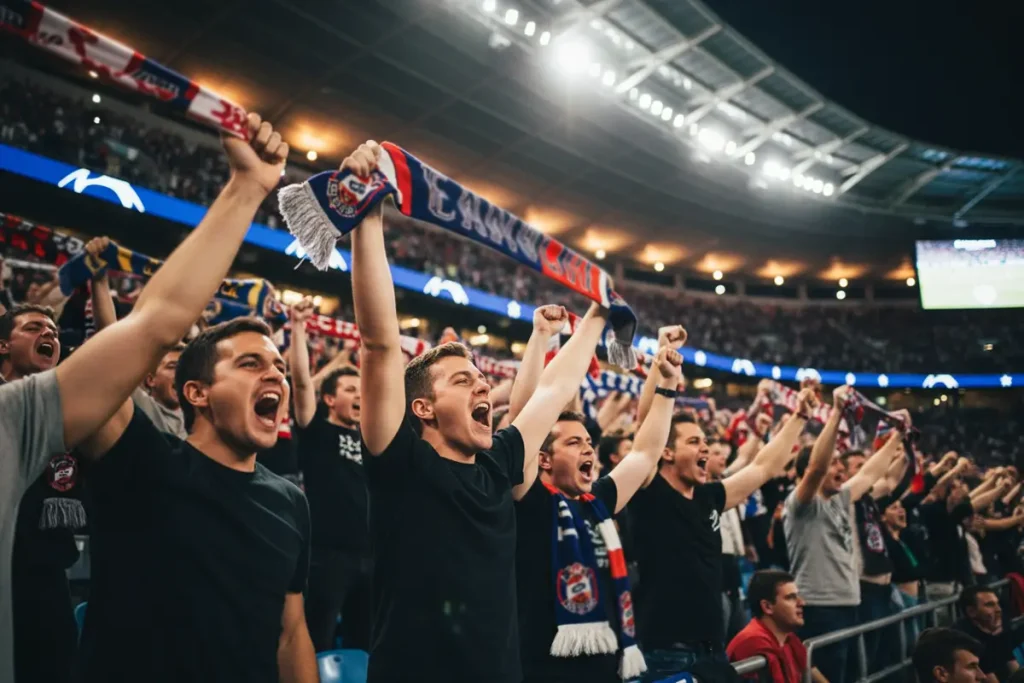 Aficionados celebrando un gol en las gradas de un estadio de fútbol