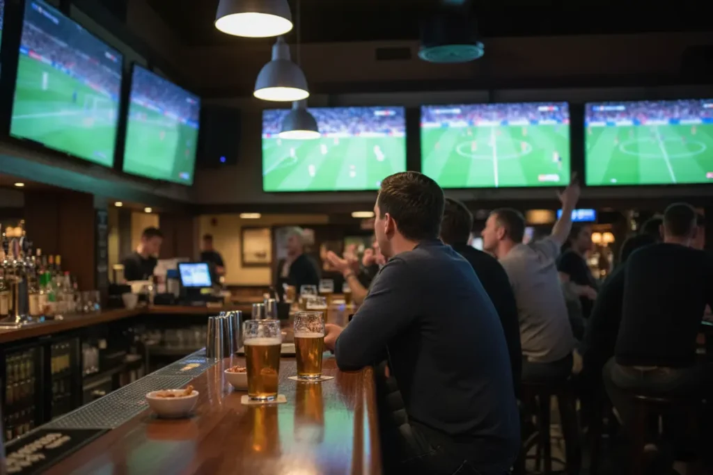 Varios partidos de fútbol en pantallas de un bar deportivo durante una noche de Champions