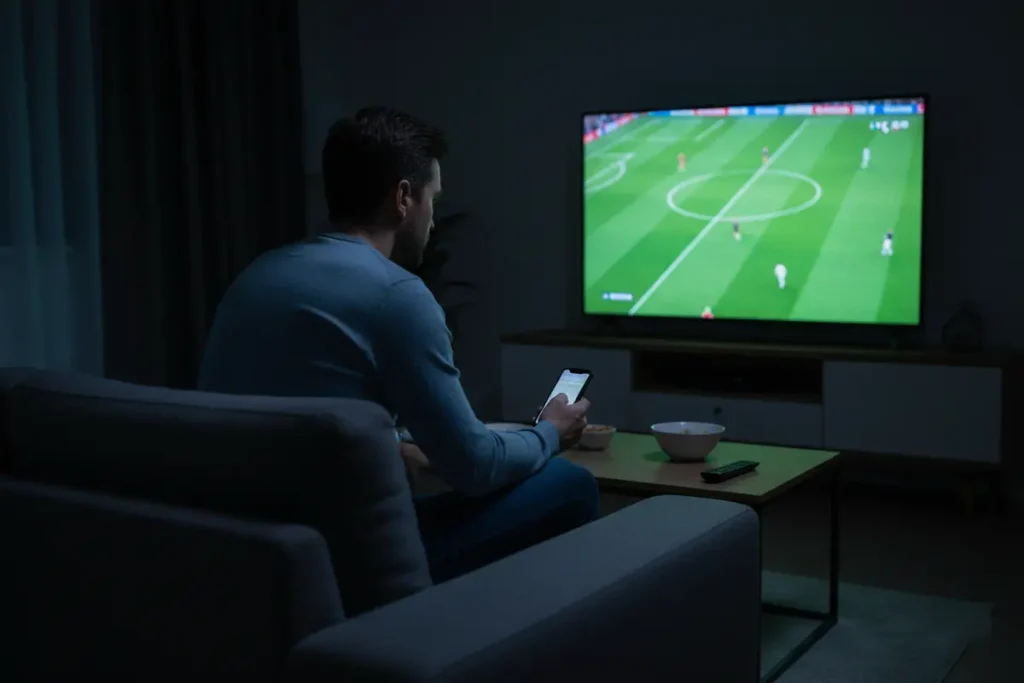 Aficionado viendo un partido de fútbol en directo en una pantalla grande con expresión concentrada