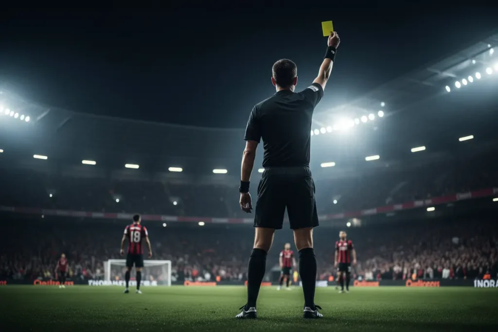 Árbitro mostrando una tarjeta amarilla durante un partido de fútbol de Champions League