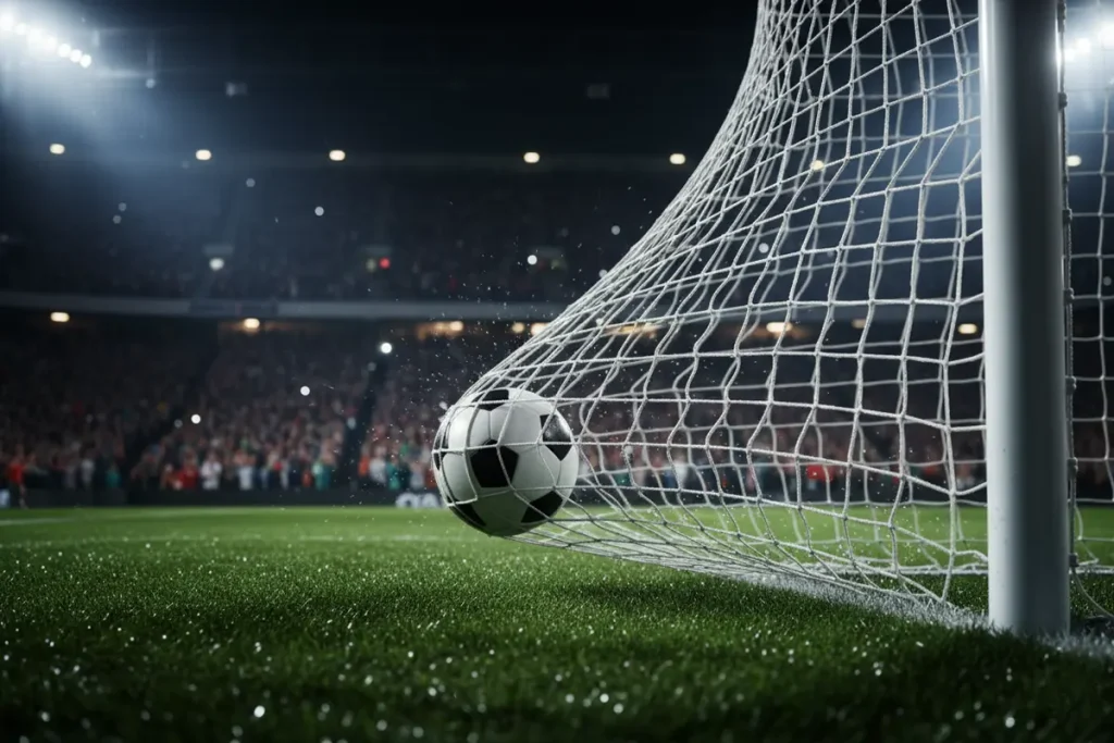 Balón de fútbol entrando en la portería durante un partido nocturno