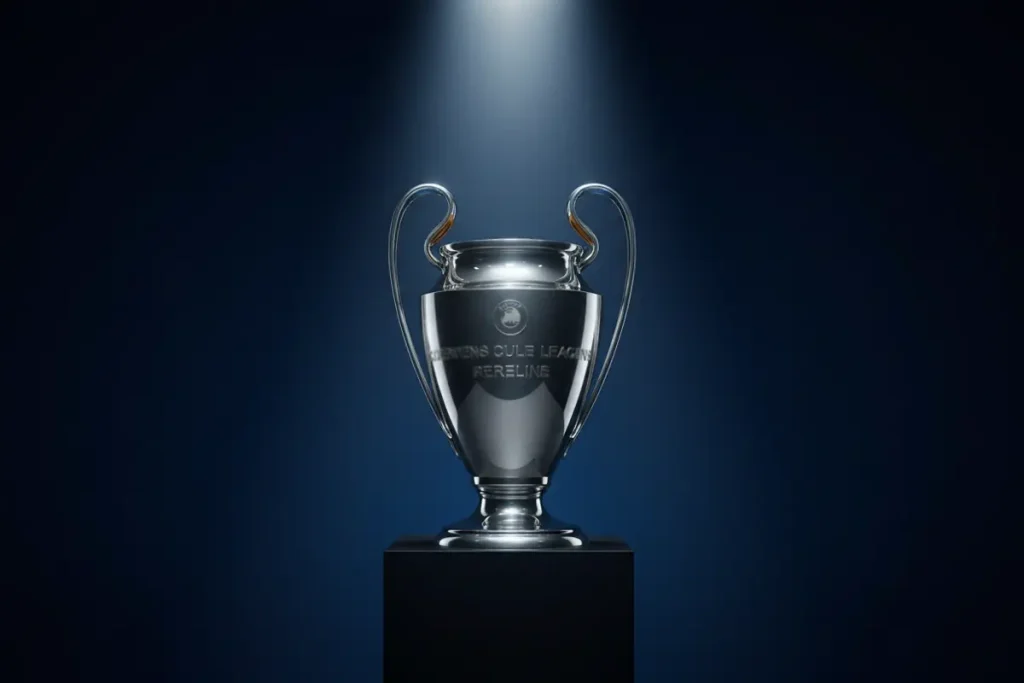 Trofeo de la Champions League sobre un pedestal iluminado en un estadio