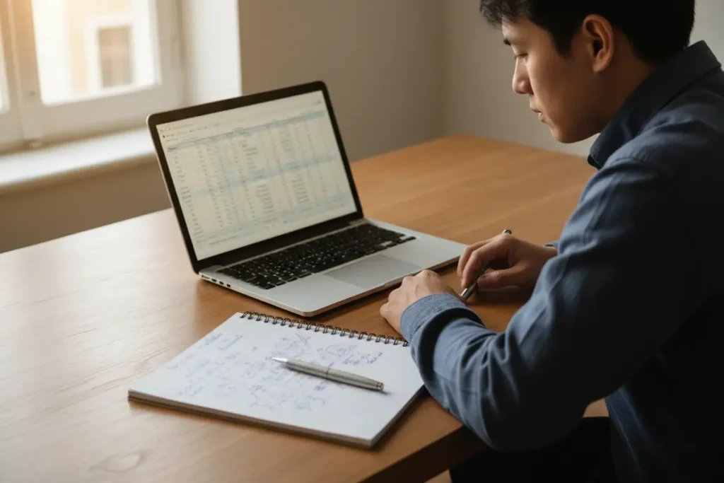 Persona analizando datos deportivos en un portátil con un cuaderno de notas al lado