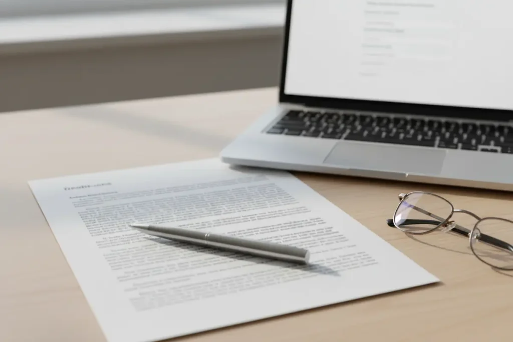 Documento con términos y condiciones sobre una mesa junto a un bolígrafo y un portátil abierto