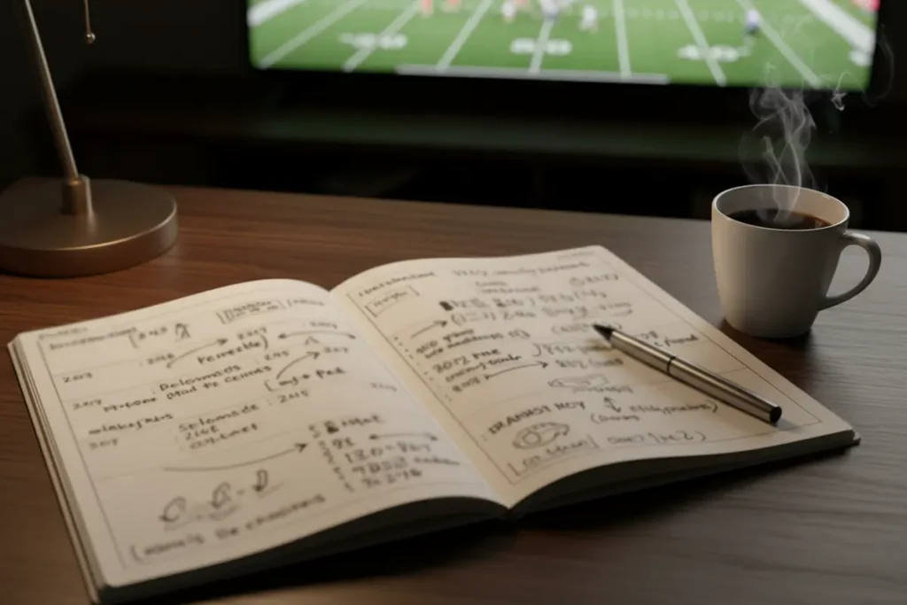 Planificación de temporada de fútbol con un bloc de notas y bolígrafo sobre una mesa