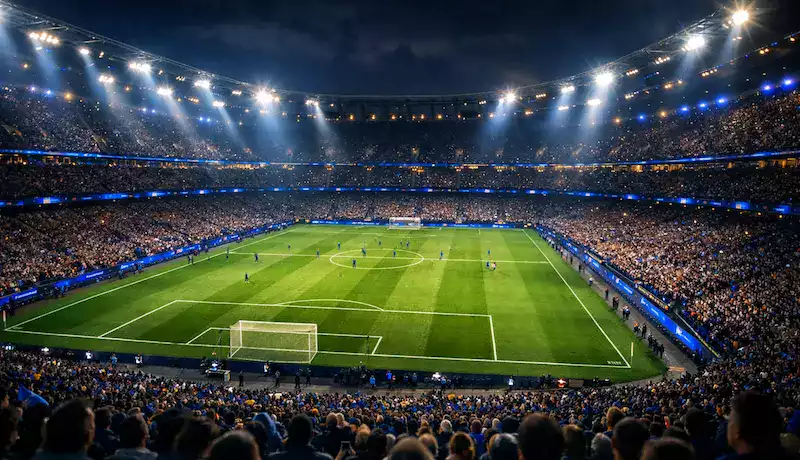 Estadio de fútbol iluminado durante una noche de Champions League con aficionados en las gradas