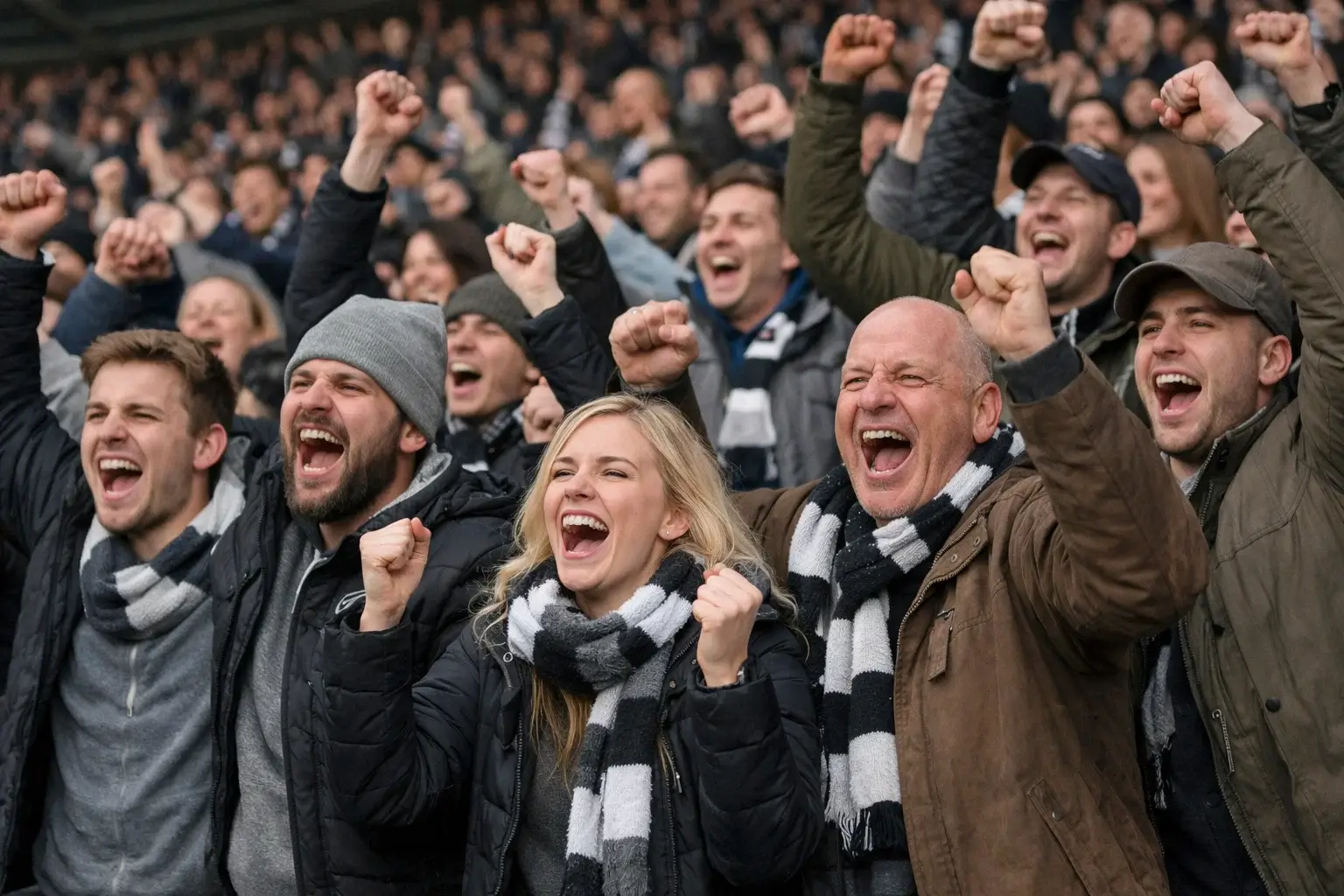 Aficionados celebrando un gol en las gradas del estadio
