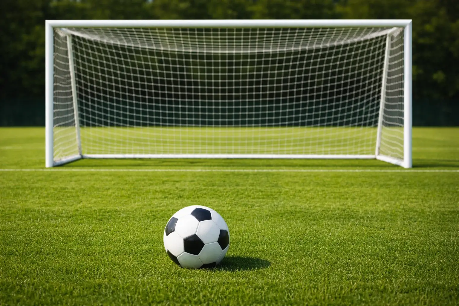Balón de fútbol entrando en la portería durante un partido nocturno