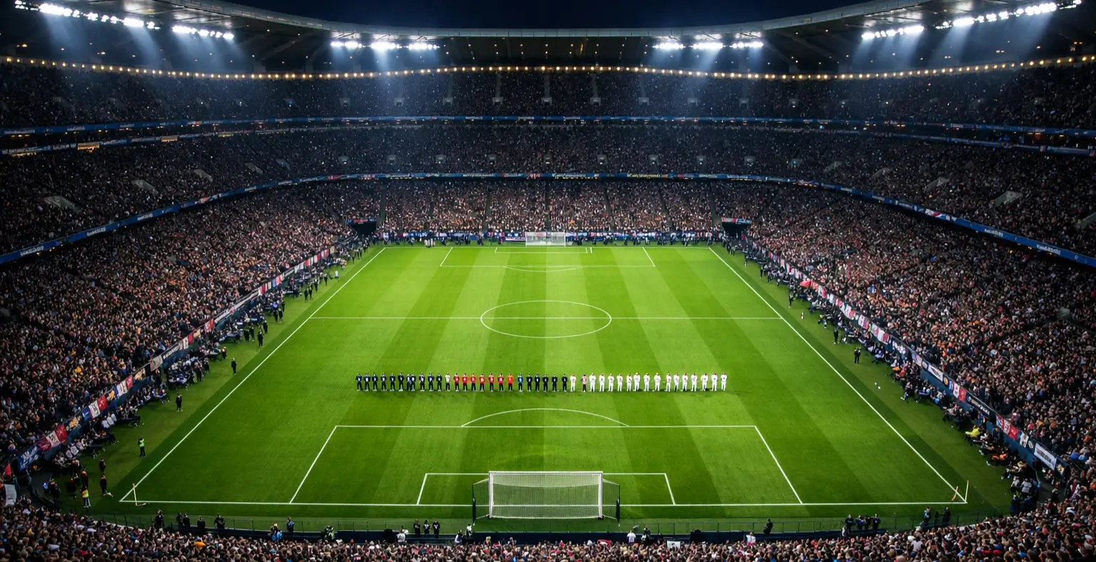 Partido nocturno de Champions League en un estadio lleno de aficionados