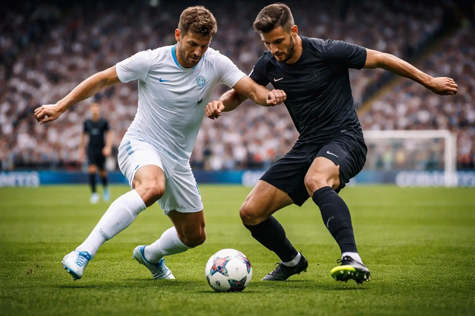 Dos equipos de fútbol disputando el balón en el centro del campo