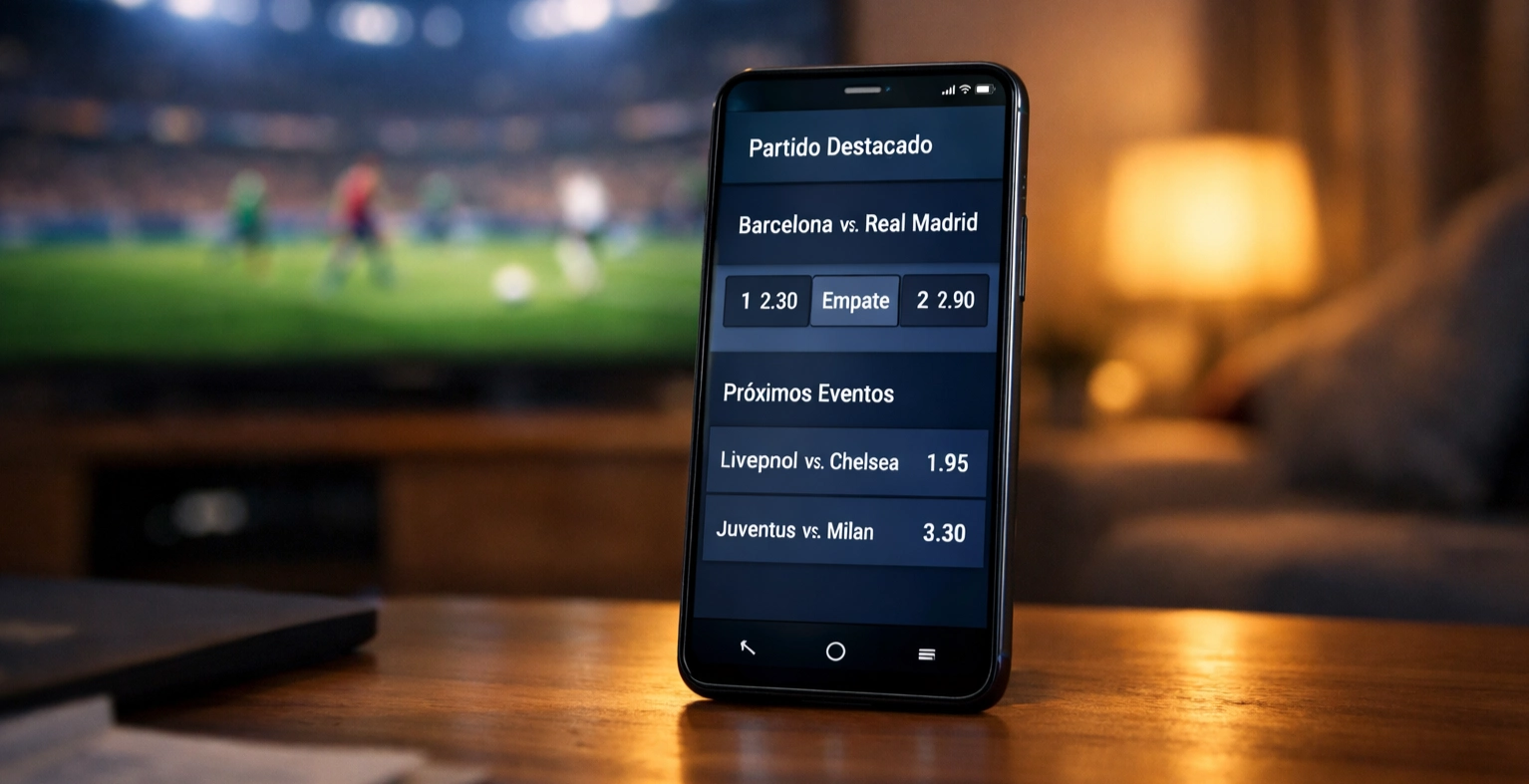 Smartphone mostrando una aplicación de apuestas deportivas junto a un partido de fútbol