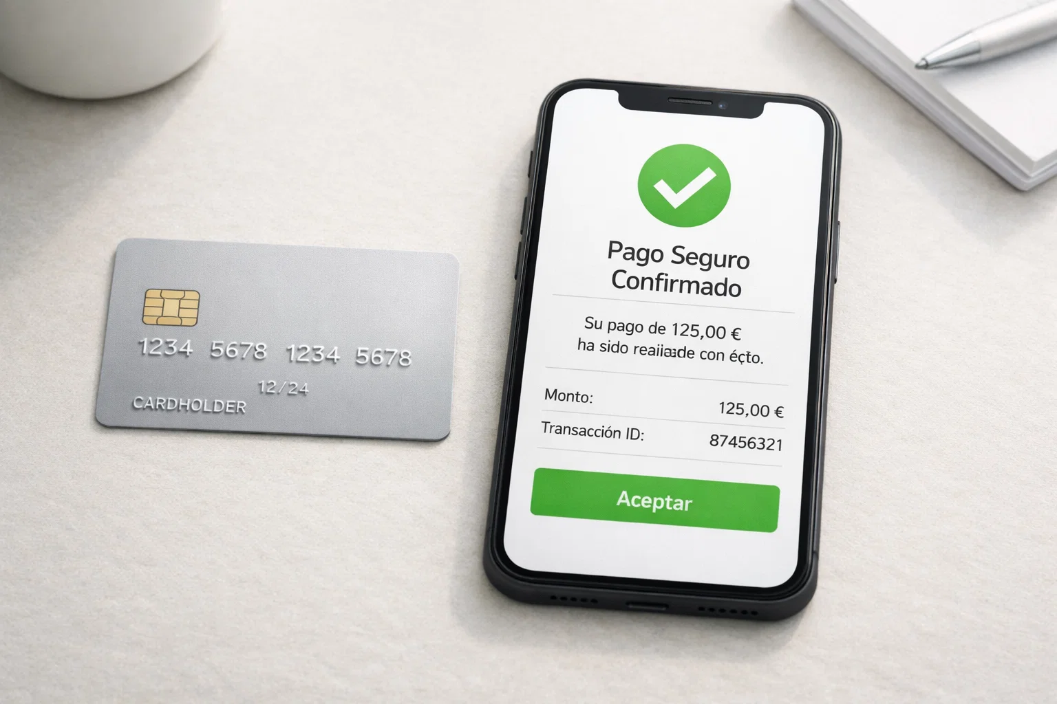 Tarjeta bancaria junto a un smartphone realizando un pago seguro