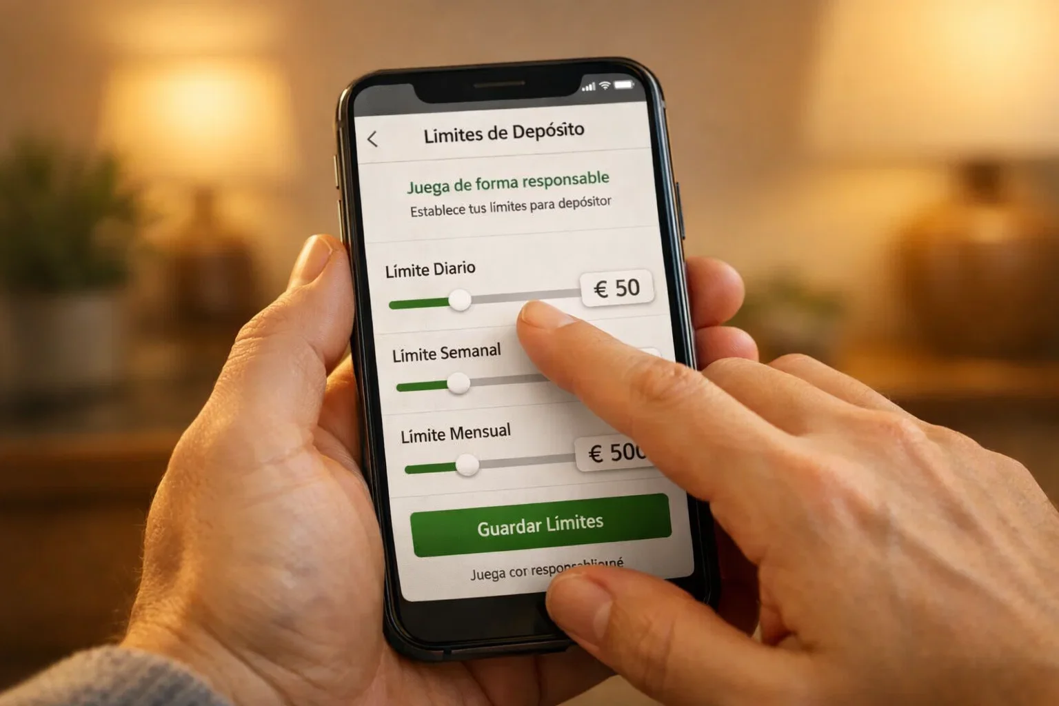 Manos configurando límites de depósito en una aplicación móvil