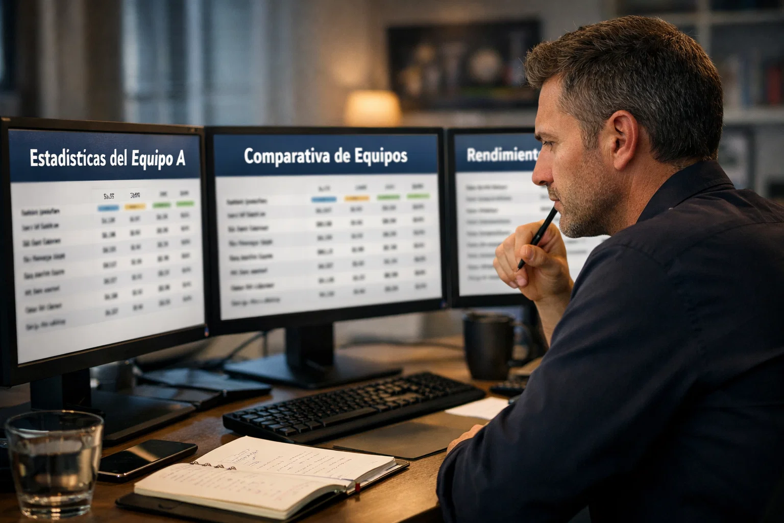 Analista revisando estadísticas de equipos en múltiples pantallas