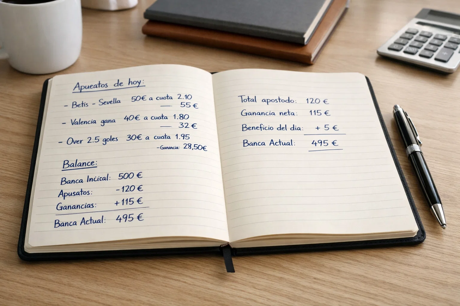 Cuaderno con registro de apuestas y notas de gestión financiera