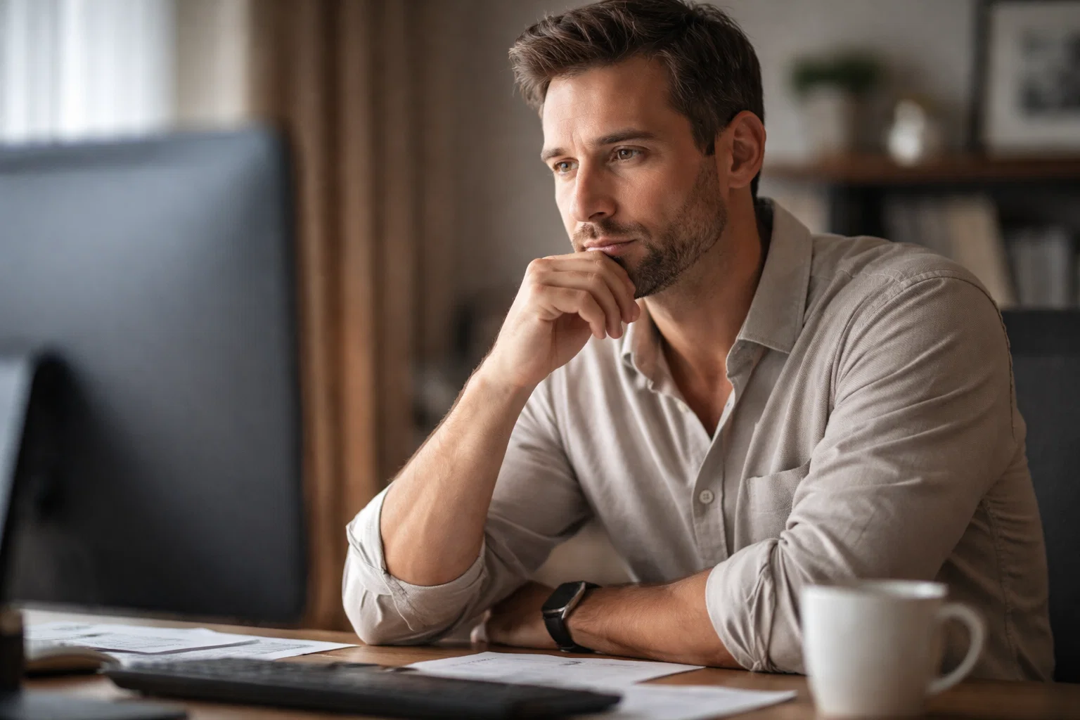 Persona reflexionando con expresión pensativa frente a un ordenador