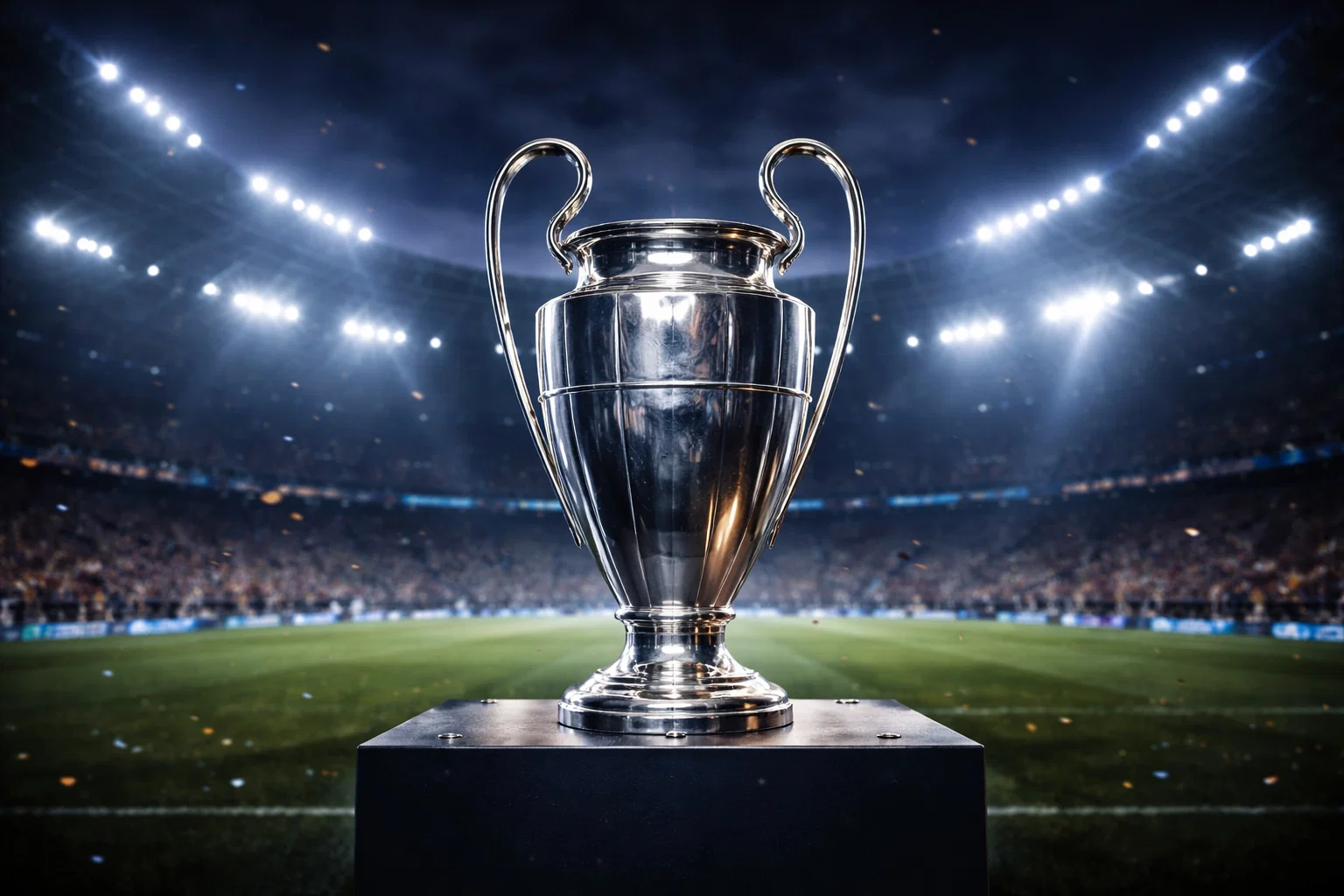 Trofeo de la Champions League iluminado en un estadio nocturno