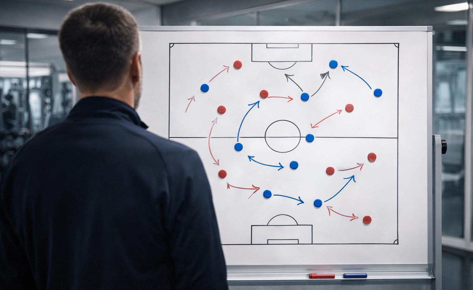 Entrenador de fútbol analizando tácticas en una pizarra con formaciones