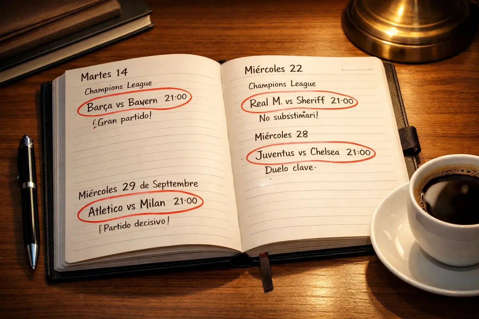 Agenda deportiva con fechas de partidos de Champions League marcadas