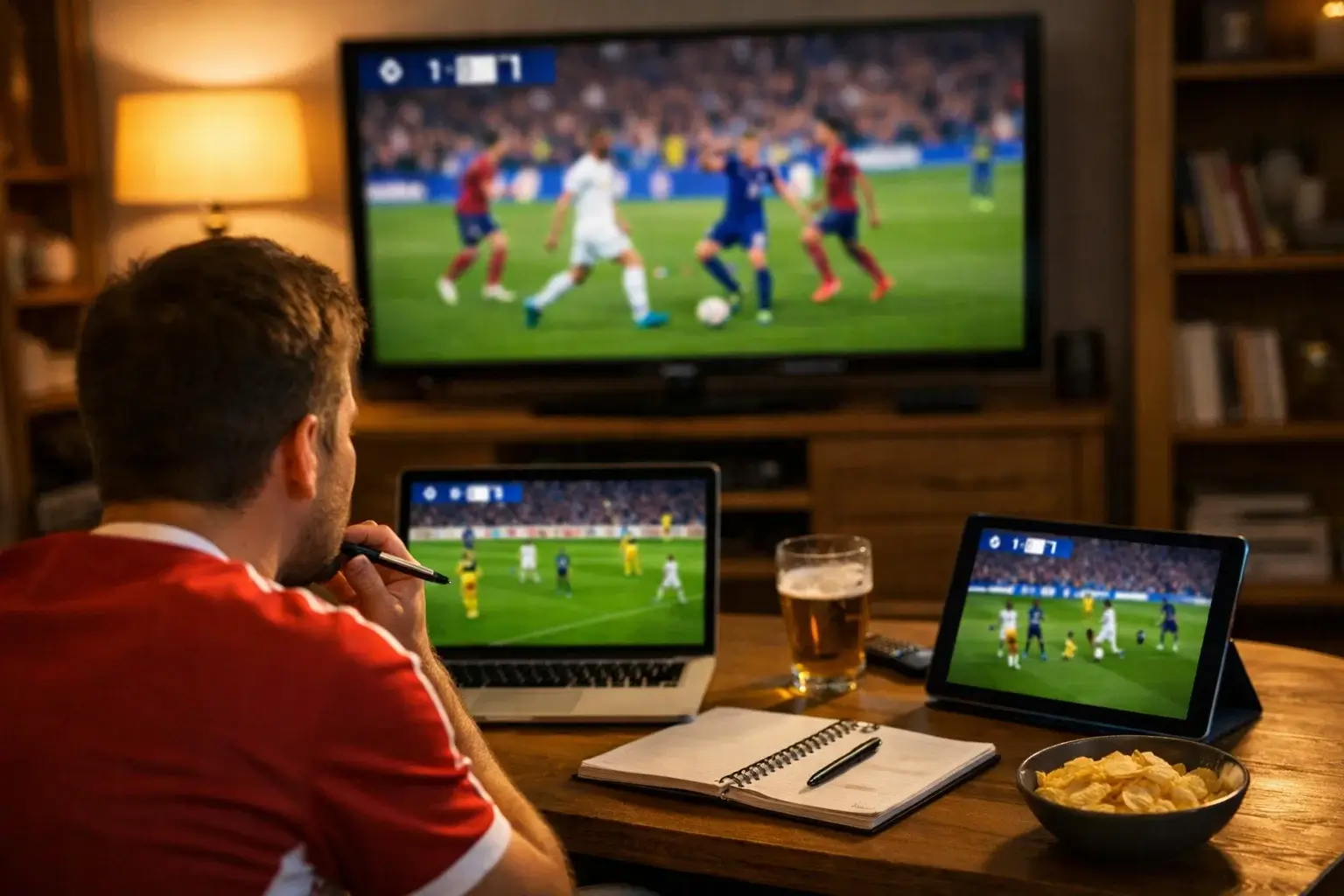 Aficionado siguiendo varios partidos simultáneos en diferentes pantallas