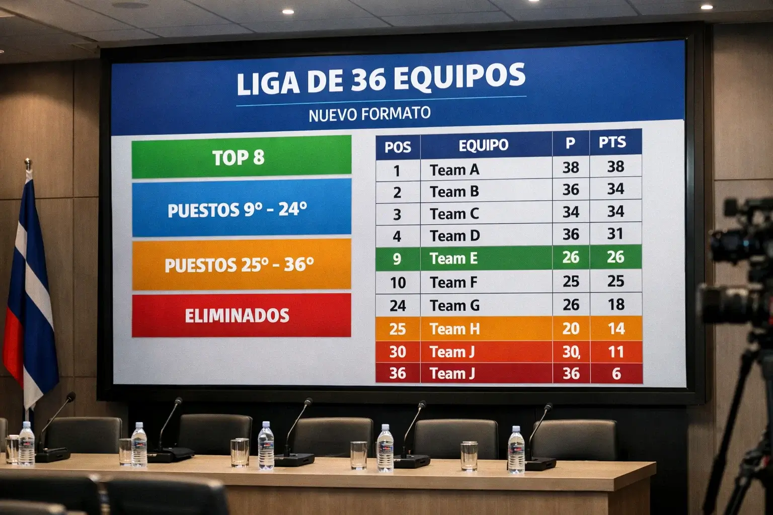 Diagrama de clasificación mostrando el sistema de liga con 36 equipos
