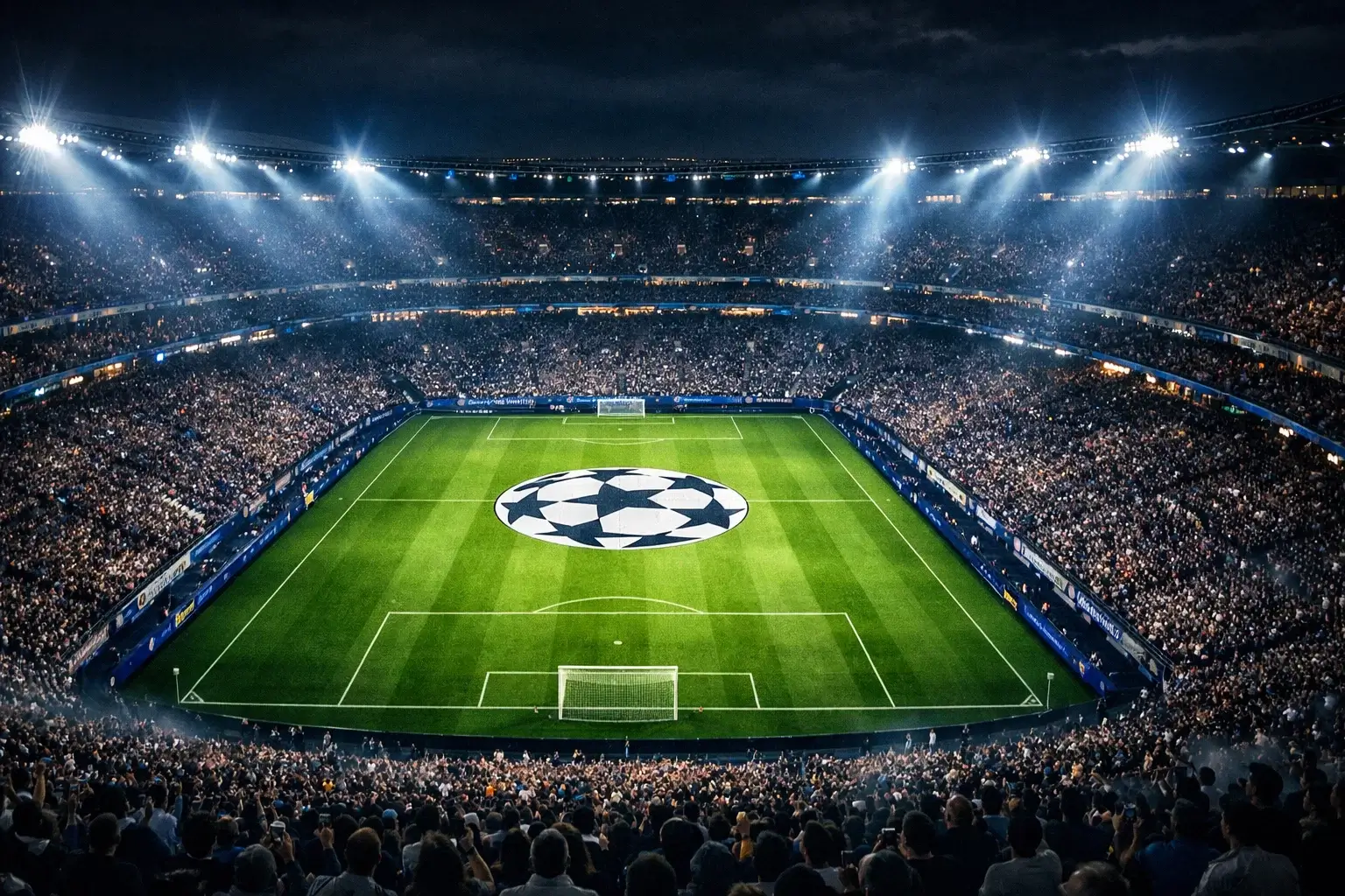 Vista aérea de un estadio de fútbol moderno durante un partido de Champions League