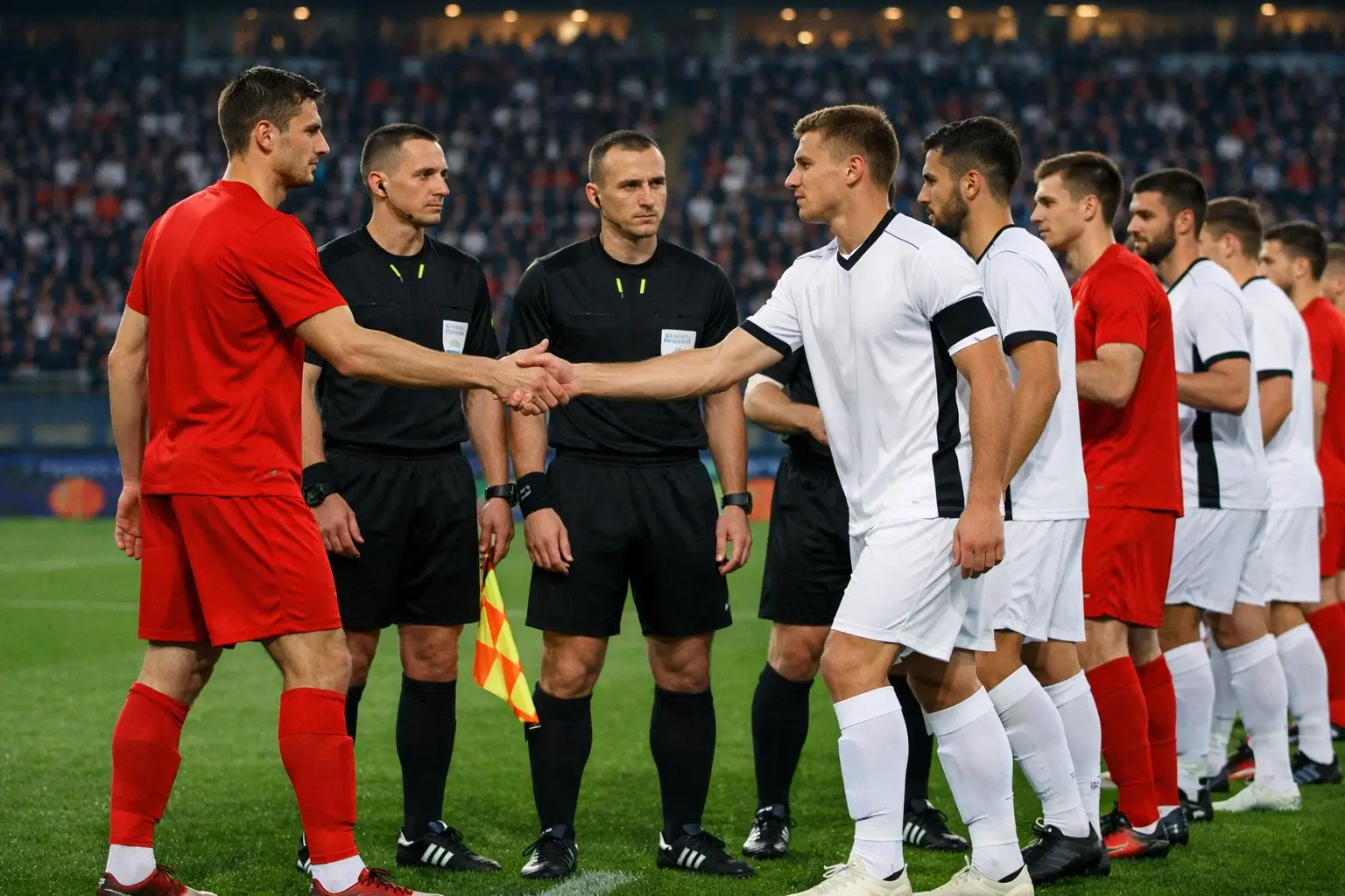 Jugadores de dos equipos diferentes saludándose antes del partido