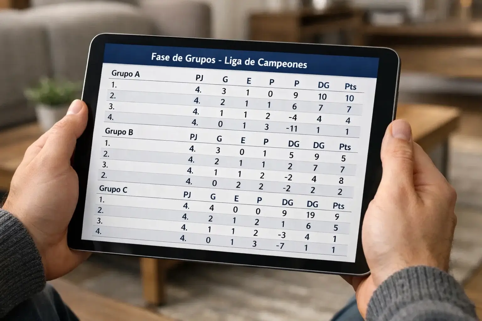 Tablet mostrando clasificación en vivo de la Champions League