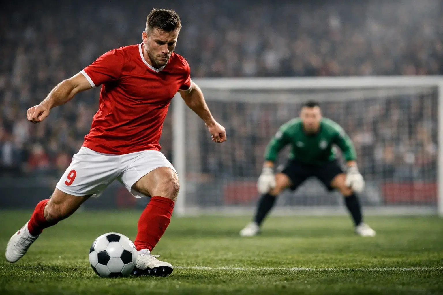 Delantero estrella preparándose para disparar a portería