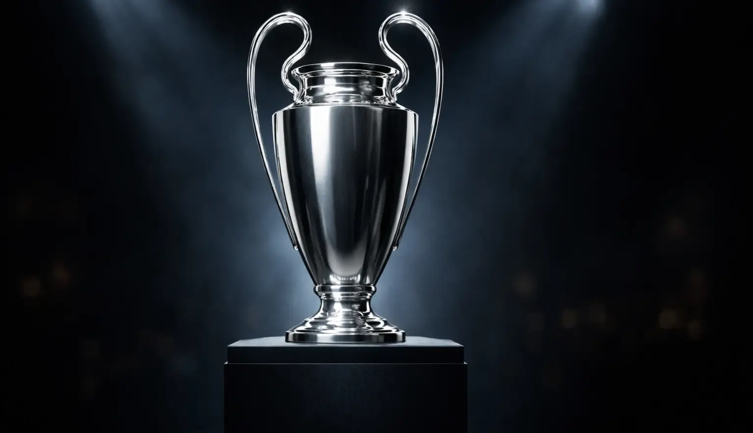 Trofeo de la Champions League sobre un pedestal con iluminación dramática