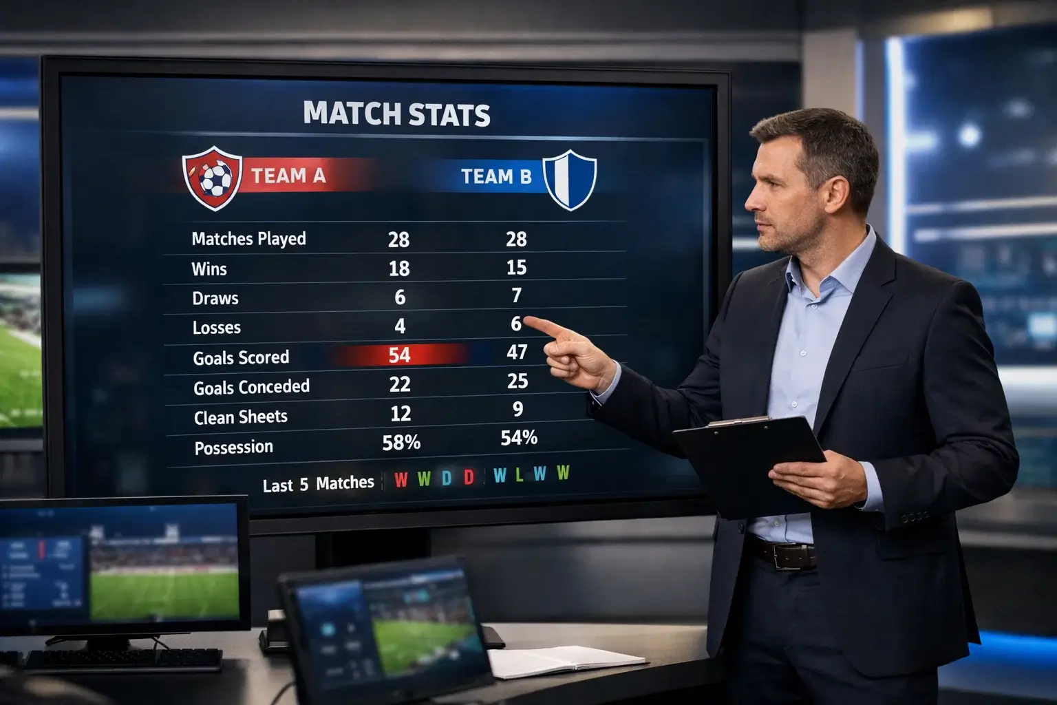 Experto deportivo analizando datos de equipos en una pantalla grande