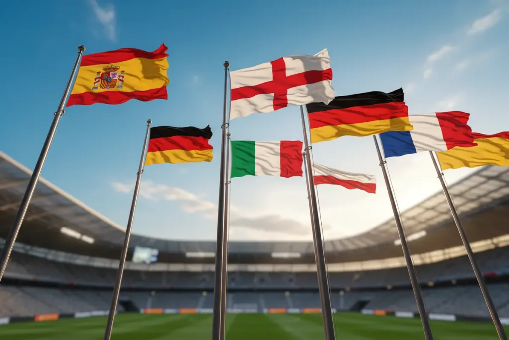 Banderas de diferentes países europeos en un estadio de fútbol