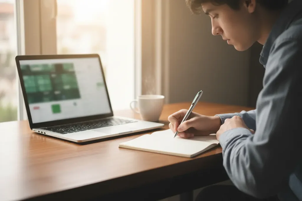 Persona sentada con un portátil abierto y un cuaderno de notas sobre la mesa