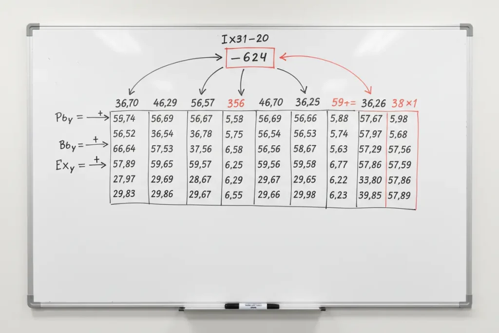 Primer plano de una pizarra blanca con números y flechas escritos a mano con rotulador