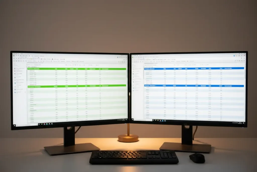Dos pantallas de ordenador mostrando diferentes datos de partidos de fútbol lado a lado