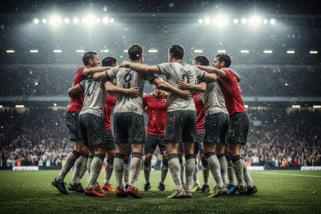Jugadores de fútbol celebrando una victoria sorpresa abrazados en el campo de césped