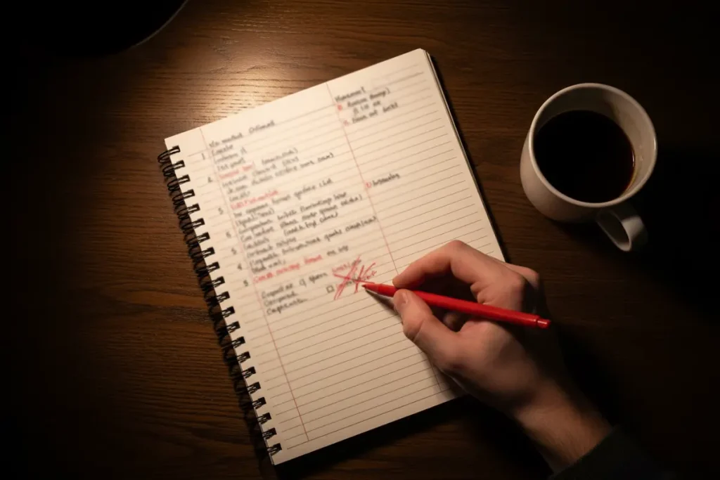 Mano de una persona tachando errores en un cuaderno con anotaciones deportivas