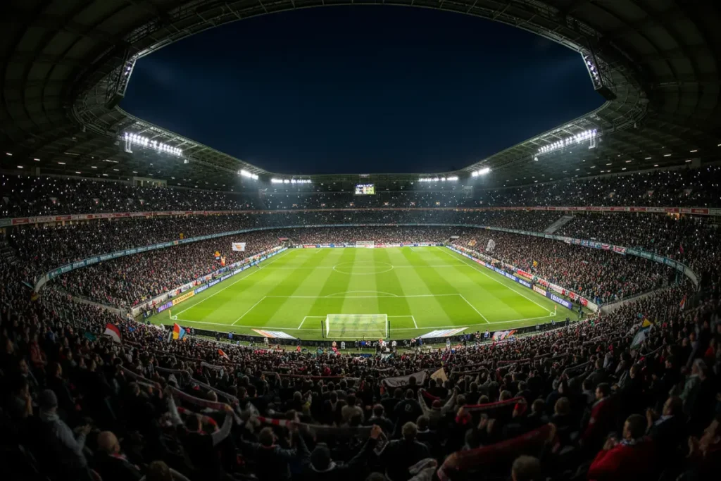 Vista panorámica de un campo de fútbol desde la grada alta durante una eliminatoria nocturna