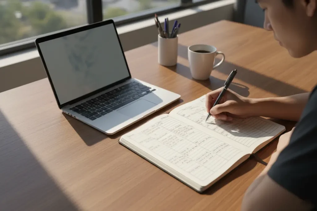 Persona organizando un cuaderno de registros con anotaciones junto a un portátil