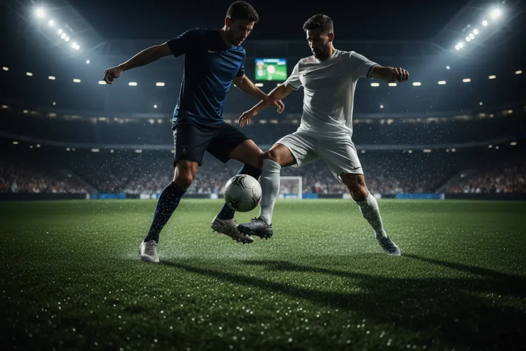Jugadores de fútbol disputando un balón en el césped de un estadio de Champions League