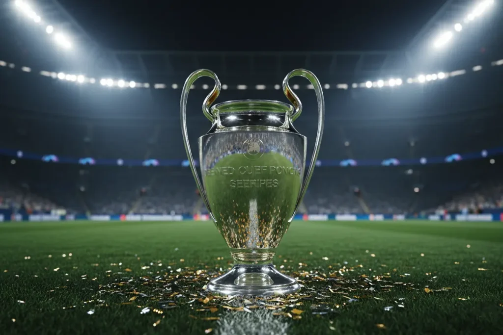 Trofeo de la Champions League sobre un césped de estadio de fútbol con confeti dorado