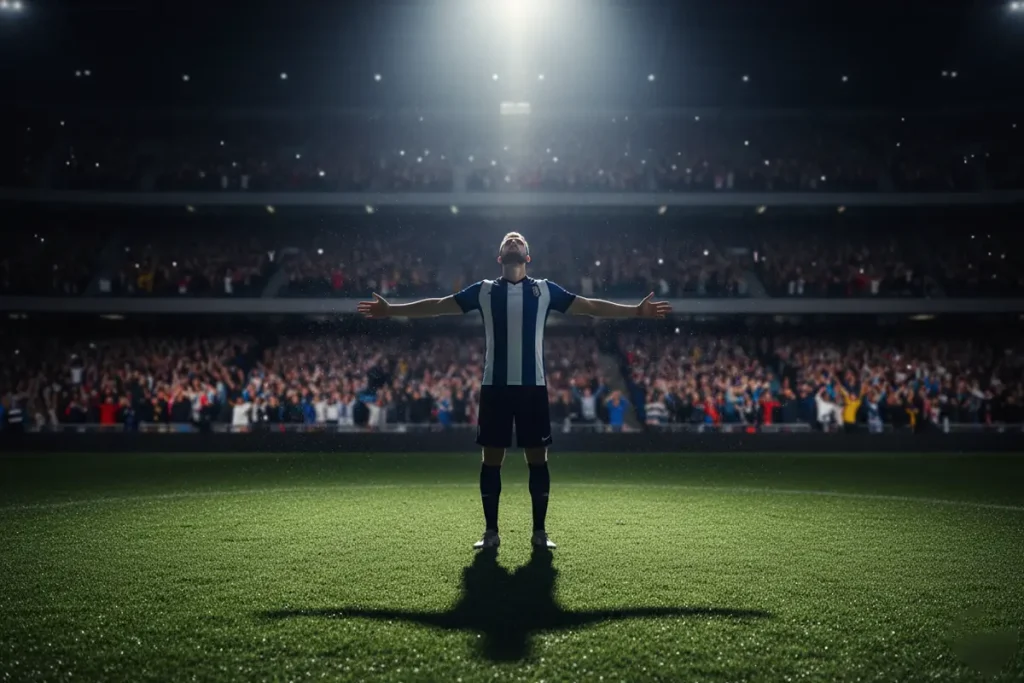 Delantero de fútbol celebrando un gol señalando al cielo bajo los focos del estadio