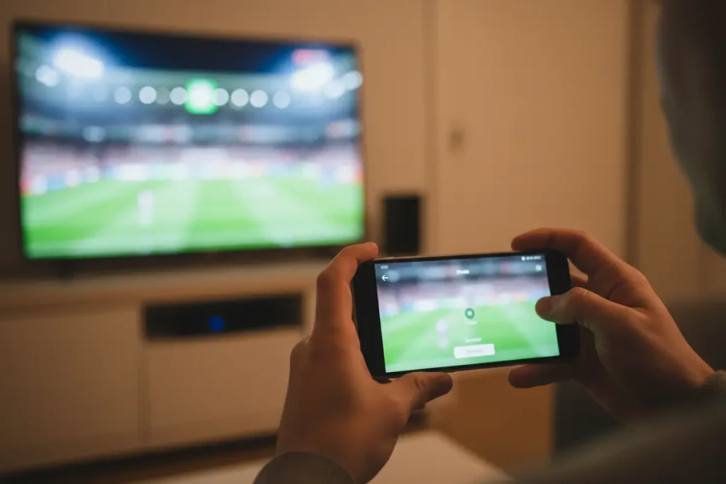 Persona usando un teléfono móvil frente a una pantalla de televisión con fútbol de fondo