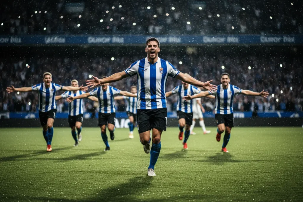 Jugador de fútbol celebrando un gol con compañeros en un estadio iluminado de noche