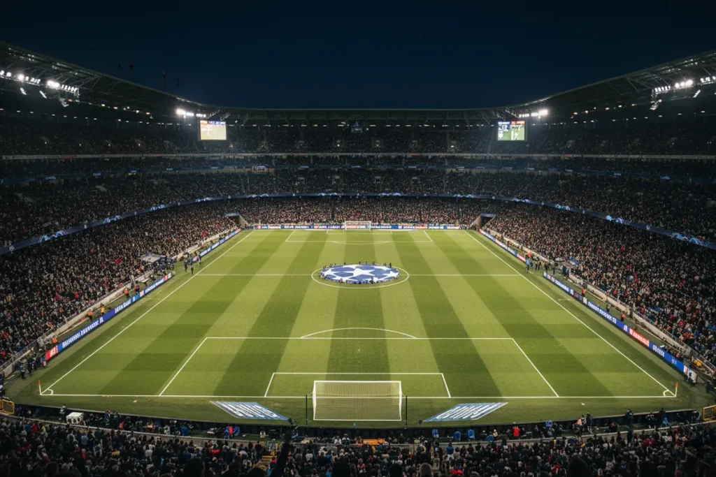 Estadio de fútbol iluminado durante un partido nocturno de la Champions League