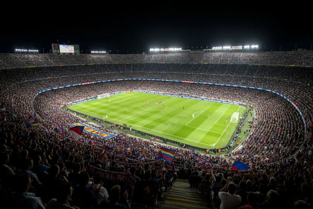 Estadio de fútbol Camp Nou iluminado de noche con gradas llenas de aficionados