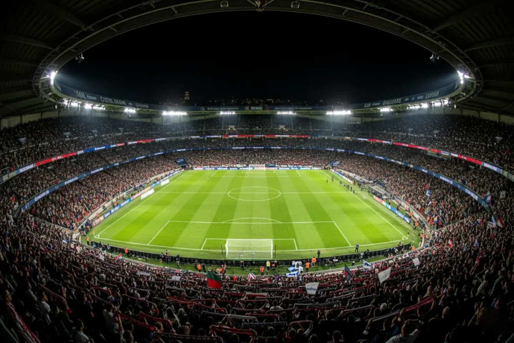 Estadio Parc des Princes de París iluminado durante un partido nocturno de fútbol